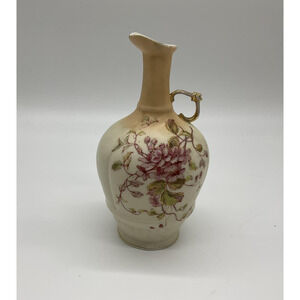Vintage Hand Painted Porcelain Ewer Vase Floral Gold Handle 7in Decor Art